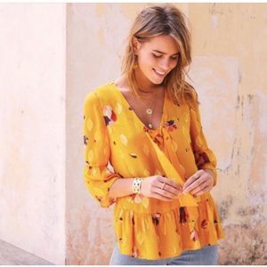 SEZANE Anita Blouse Size 38 US 6 Floral Gold Metallic Silk Peplum Top Bow Bell